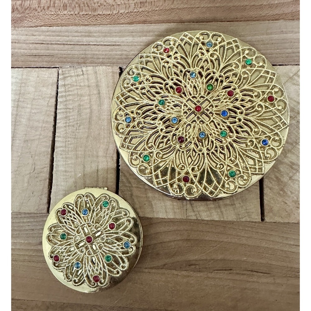 VTG 1940s Hollywood Louis Philippe Gold Jeweled Filigree Compact and Blush Case